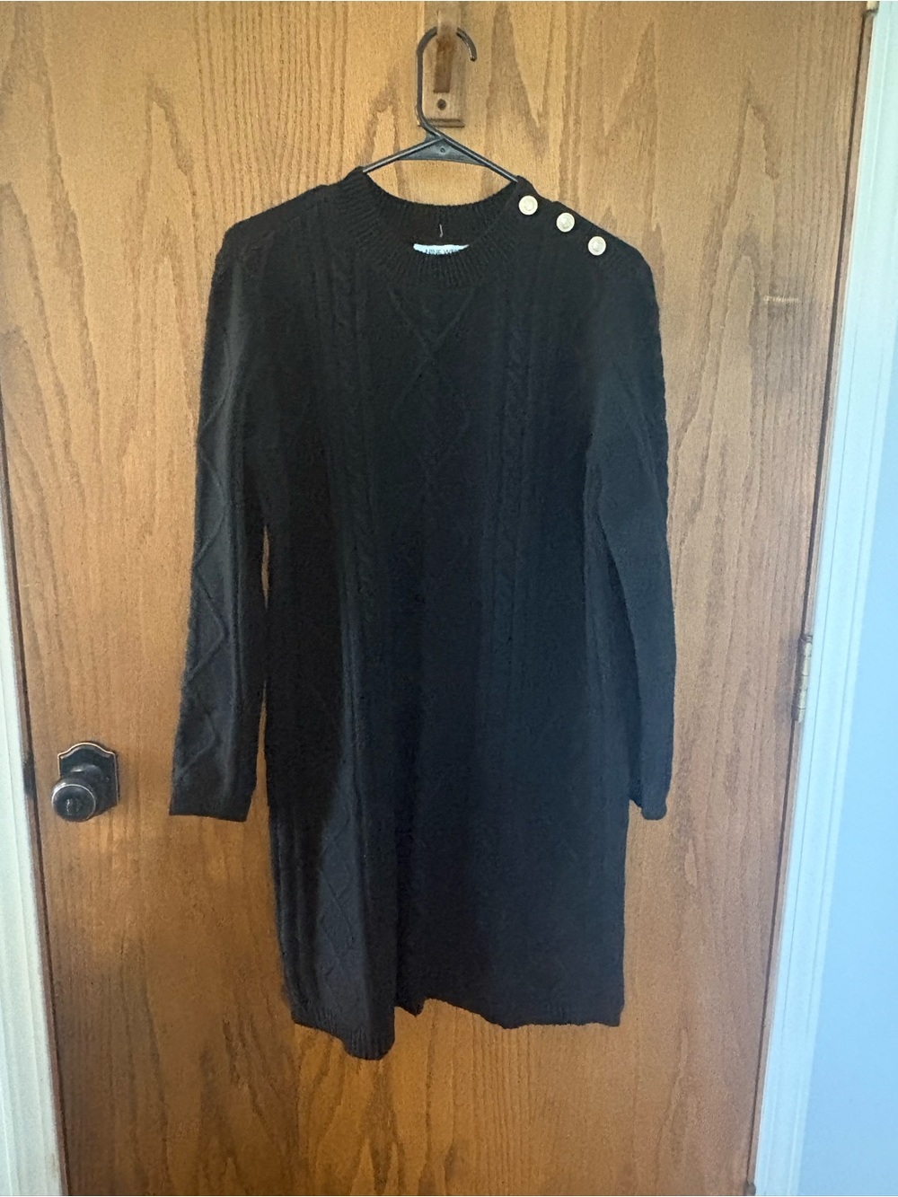 Nine West Black Cable-Knit Long-Sleeve Sweater Dress with Shoulder Buttons
